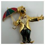 Vintage Clown with Umbrella Enamel Costume Gold To