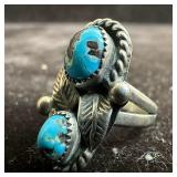 Navajo C. Davis Two Stone Turquoise Feather Motif