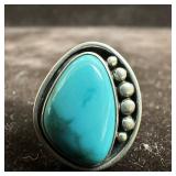 Silver Ring Turquoise Cabochon Asymmetrical Bezel