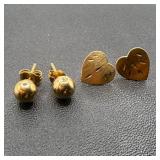 Pair of 14k Gold Studs Heart & Ball
