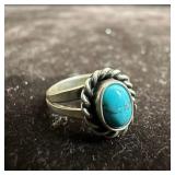 Size 4 Oval Turquoise Blue Stone Silver Ring Small