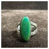 Thin Oval Green Stone Silver Ring Size 5