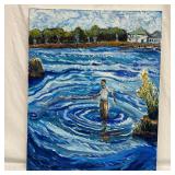 Original Oil Painting Fisherman Casting Net in Blu