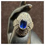Blue Stone Marcasite Accent Sterling 925 Ring