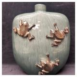 Green Art Glass Vase with Applied Frog Motif Ornam
