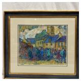 Town Market Scene Pastel Painting Artist Signed Fr