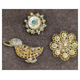 3 Vintage Coro AB Crystals Gold Tone Pin Brooches