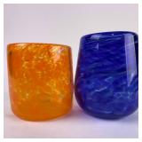 Hand Blown Art Glass Tumblers Orange and Cobalt Bl