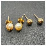 Two Pairs of 14k Gold Stud Earrings, One Pearl