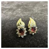 14K Yellow Gold Garnet and Accent Diamonds Fine Ea
