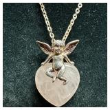 Rose Quartz Heart Cherub Angel Sterling Silver Nec