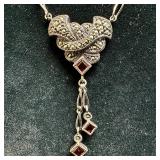 Red Garnet and Marcasite Stone Accent Sterling Sil
