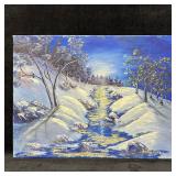 Winter Landscape Amateur Painting Blue Riverbank a
