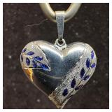 Blue Enamel Leaf Motif Textured 14K White Gold Hea