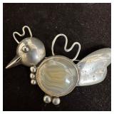 Bird Agate Stone Silver Brooch N38