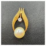 14k Gold Pearl & CZ Hanging Pendant