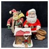 Christmas Santa Figurines and Holiday Cabin Tealig