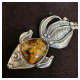 Baltic Amber Fish Silver Brooch