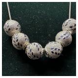 Blue Enamel Leaf Motif Textured 14K White Gold Nec