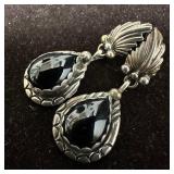 Leaf Motif Sterling Black Onyx Drop Earrings N22