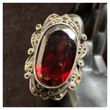 925 Sterling Silver Red Glass and Marcasite Ring N