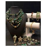 17pc Green and Gold Emeralds Grove Costume Jewelry