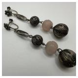 Floral Screw Back Dangle Silver Earrings Carved Pi