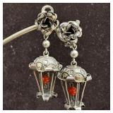 Lantern Rose Red Bead Silver Clip Earrings T21
