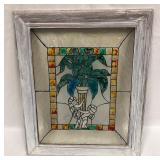 Vintage Art Nouveau Stained Glass in Frame