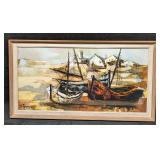 Vintage Framed Jean Amiot Fishing Boats In Harbor