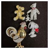 Group of Rhinestone Costume Jewelry Brooches Teddy