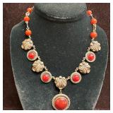 Vintage Silver-Tone Carnelian Necklace with Ornate