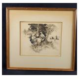 Reinhold RH Palenske Signed Etching Deer In Woods