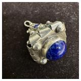 Blue Lapis Fob Charm Silver Floral and Ribbon Moti