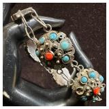 Turquoise and Coral Stone Filigree Silverwork Silv