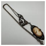 Carved Shell Cameo Marcasite Sterling Silver Antiq