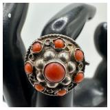 Red Coral Cabochon Silver Poison Pill Box Style Ri