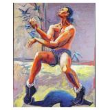 Original Large Oil On Canvas Dancing Man With Bird