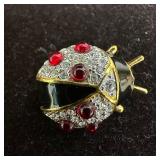 Joan Rivers Gold Tone Ladybug Brooch White Crystal