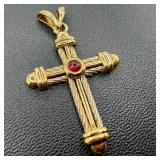 14k Gold Two-Tone Cross Pendant W/ Ruby Cabochon
