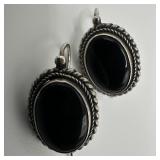 Black Onyx Oval Stone Setting Dangle Drop Earrings