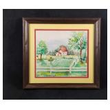 Original Watercolor Home Within Fence Landscape Al