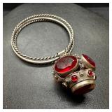 .800 Silver 3 Bangle Bracelet W/ Cadmium Glass Gem