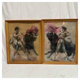 Matador and Bullfighter Pastel Drawing Set Framed