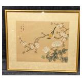 Framed Vintage Watercolor On Silk Bird & Flowe