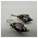 Silver Dangle Earrings Faceted Oval Amethyst Stone