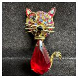 Vintage Warner Red Rhinestone Cat Brooch Pin