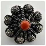 Red Coral Central Cabochon Silver Filigree Flower