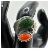 Green Turquoise and Red Coral Native Style Silver
