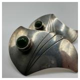 Silver Earrings Leaf Wing-Like Shaped Green Stone